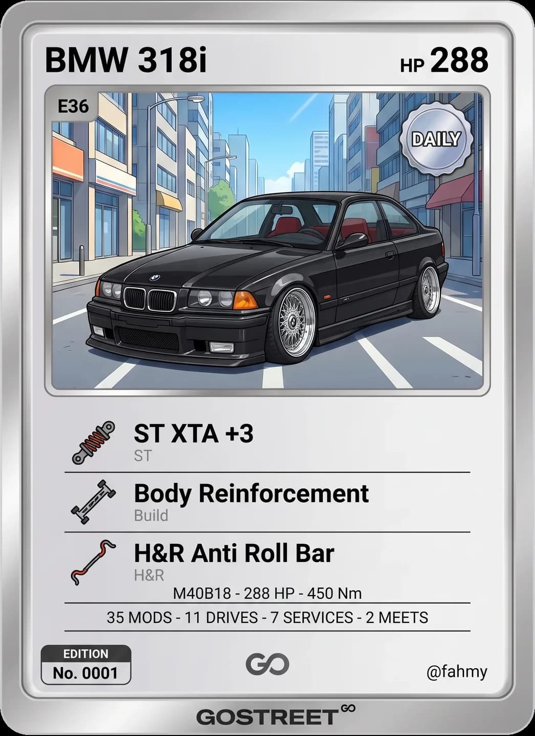 Go Card of a BMW 318i E36 — Daily tier, drawn by the Gostreet art engine