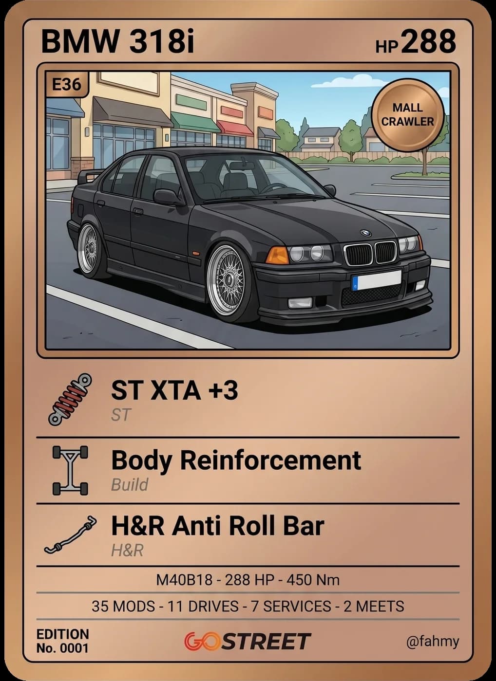 Go Card of a BMW 318i E36 — Mall Crawler tier, drawn by the Gostreet art engine