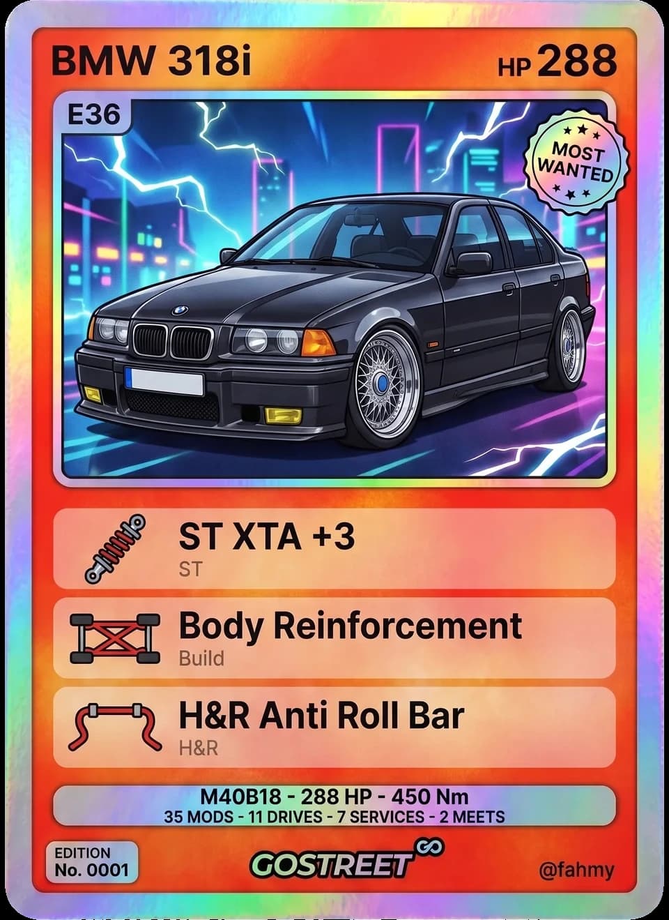 Go Card of a BMW 318i E36 — Most Wanted tier, drawn by the Gostreet art engine